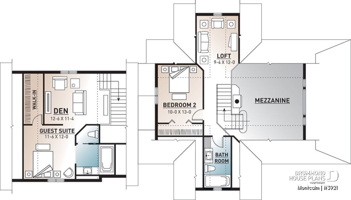 2nd level - Country cottage house plan, large master suite, guest suite above garage, large covered terrace, fireplace - Montcalm