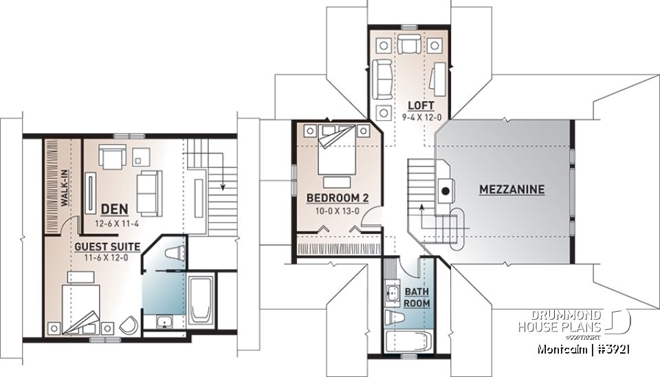 2nd level - Country cottage house plan, large master suite, guest suite above garage, large covered terrace, fireplace - Montcalm