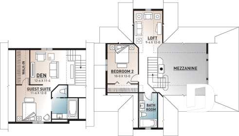 2nd level - Country cottage house plan, large master suite, guest suite above garage, large covered terrace, fireplace - Montcalm