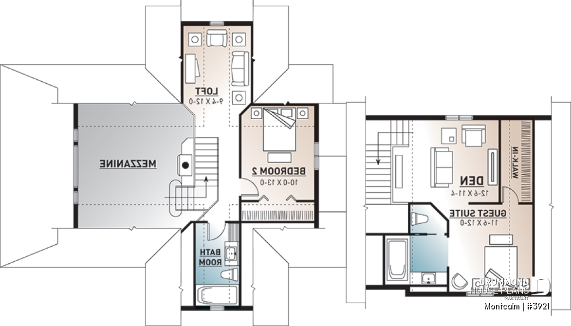 2nd level - Country cottage house plan, large master suite, guest suite above garage, large covered terrace, fireplace - Montcalm