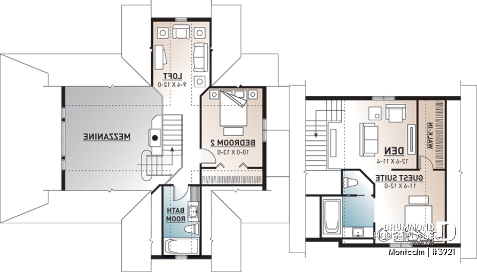 2nd level - Country cottage house plan, large master suite, guest suite above garage, large covered terrace, fireplace - Montcalm