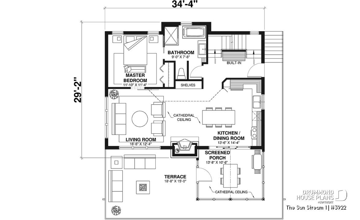 1st level - Rustic chalet house plan, 3 to 4 bedrom, screened in porch, cathedral ceiling, mezzanine, panoramic views - The Sun Stream 1