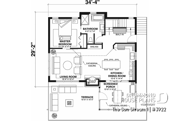 1st level - Rustic chalet house plan, 3 to 4 bedrom, screened in porch, cathedral ceiling, mezzanine, panoramic views - The Sun Stream 1