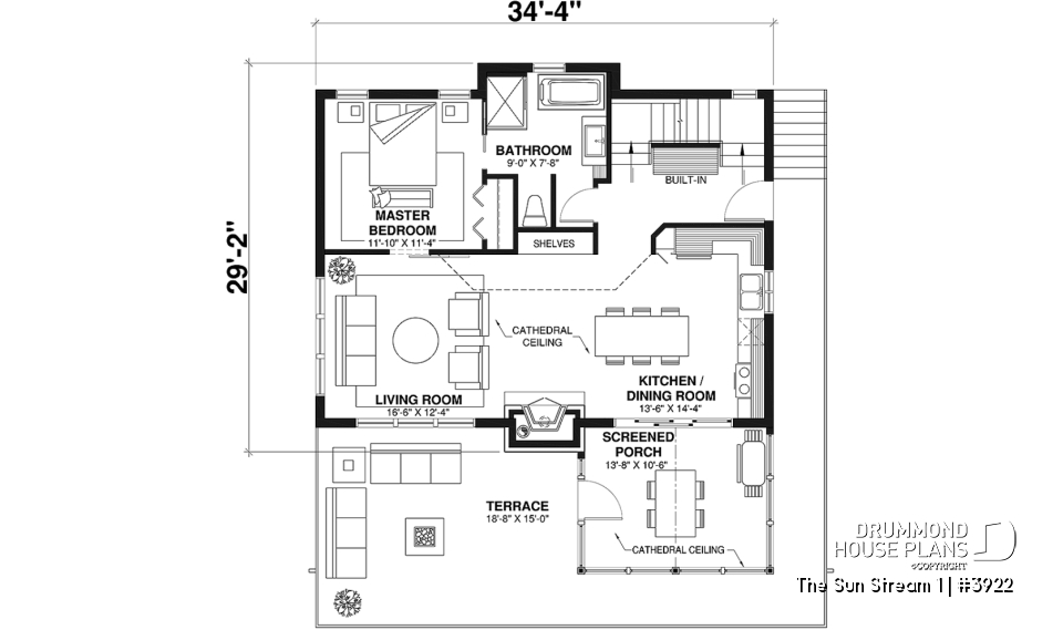 1st level - Rustic chalet house plan, 3 to 4 bedrom, screened in porch, cathedral ceiling, mezzanine, panoramic views - The Sun Stream 1