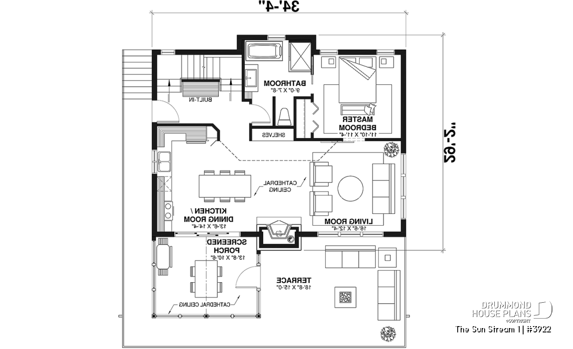 1st level - Rustic chalet house plan, 3 to 4 bedrom, screened in porch, cathedral ceiling, mezzanine, panoramic views - The Sun Stream 1
