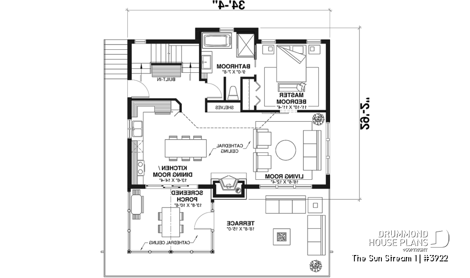 1st level - Rustic chalet house plan, 3 to 4 bedrom, screened in porch, cathedral ceiling, mezzanine, panoramic views - The Sun Stream 1