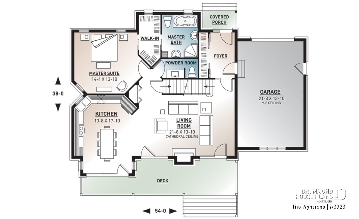 1st level - Mountain style cottage plan, 3 bedrooms, garage, master suite on main floor, mud room, fireplace, mezzanine - The Wynstone