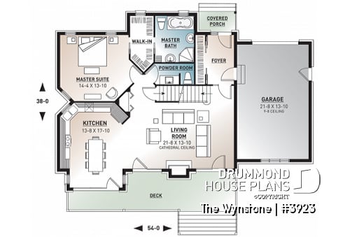 1st level - Mountain style cottage plan, 3 bedrooms, garage, master suite on main floor, mud room, fireplace, mezzanine - The Wynstone