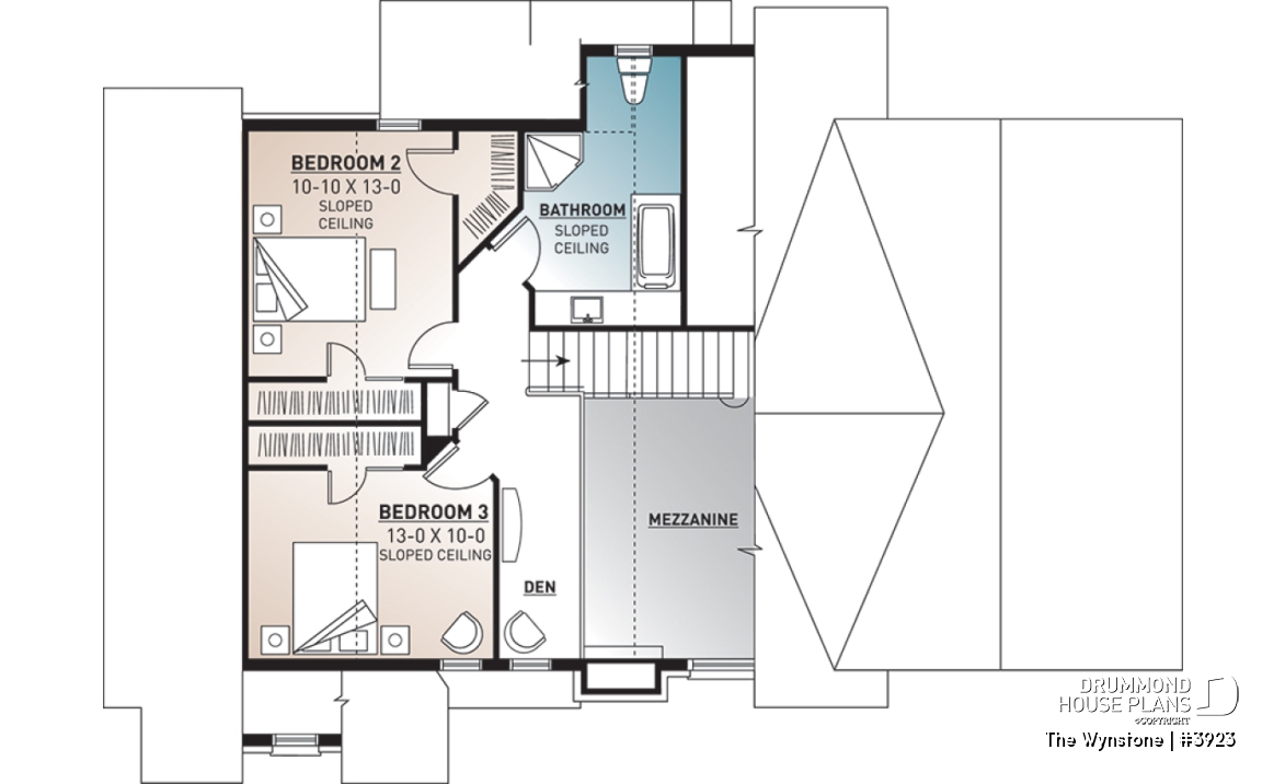 2nd level - Mountain style cottage plan, 3 bedrooms, garage, master suite on main floor, mud room, fireplace, mezzanine - The Wynstone