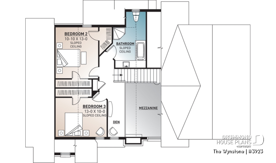 2nd level - Mountain style cottage plan, 3 bedrooms, garage, master suite on main floor, mud room, fireplace, mezzanine - The Wynstone