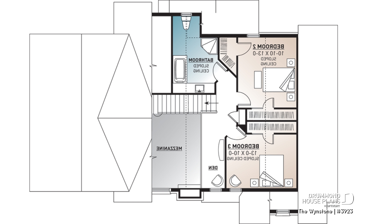2nd level - Mountain style cottage plan, 3 bedrooms, garage, master suite on main floor, mud room, fireplace, mezzanine - The Wynstone