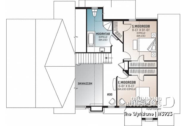 2nd level - Mountain style cottage plan, 3 bedrooms, garage, master suite on main floor, mud room, fireplace, mezzanine - The Wynstone