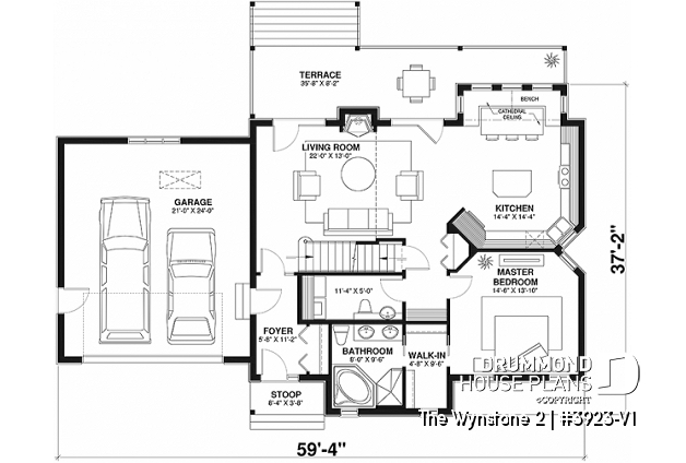 1st level - Panoramic 3 bedroom mountain cottage plan, master suite, 2-car garage, mezzanine, kitchen booth - The Wynstone 2
