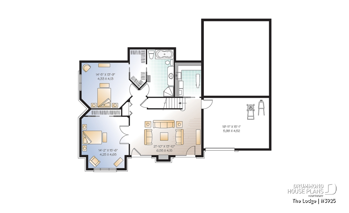 Basement - Mountain style 5 bedrooms cottage plan, 2 master suites, open concept, cathedral ceiling, walkout basement - The Lodge