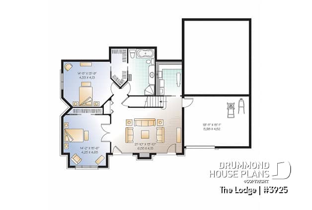 Basement - Mountain style 5 bedrooms cottage plan, 2 master suites, open concept, cathedral ceiling, walkout basement - The Lodge