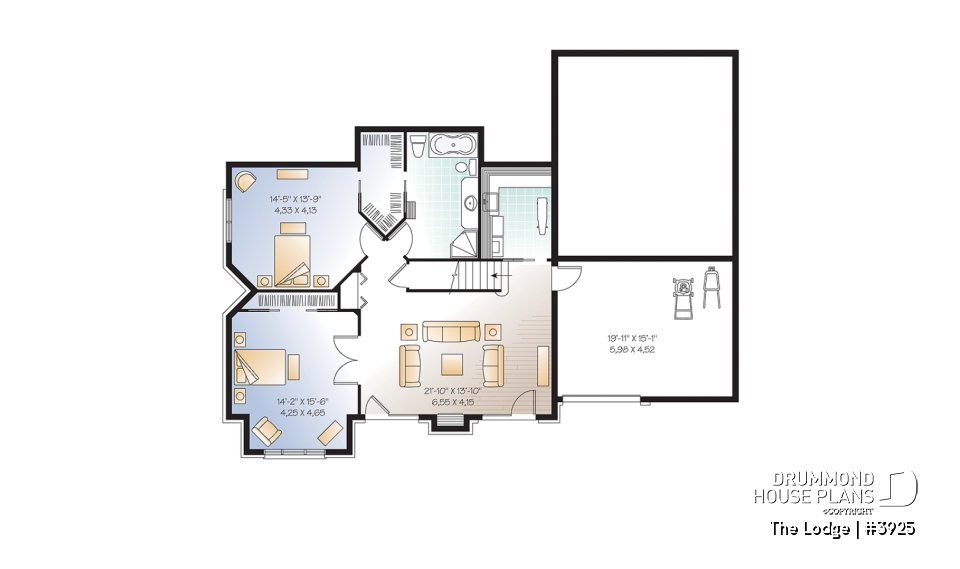 Basement - Mountain style 5 bedrooms cottage plan, 2 master suites, open concept, cathedral ceiling, walkout basement - The Lodge