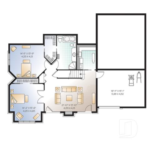 Basement - Mountain style 5 bedrooms cottage plan, 2 master suites, open concept, cathedral ceiling, walkout basement - The Lodge