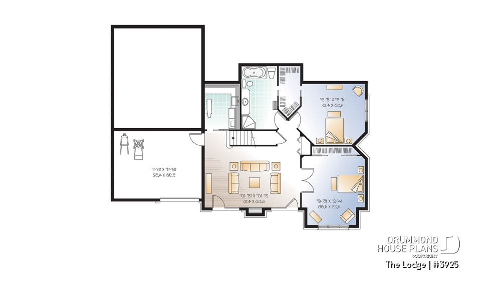 Basement - Mountain style 5 bedrooms cottage plan, 2 master suites, open concept, cathedral ceiling, walkout basement - The Lodge