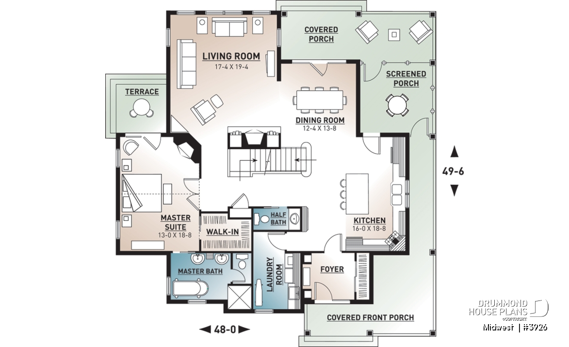 1st level - 4 bedroom Small Country Cottage Plan, 2 master suites one with private balcony 3 fireplaces 3 bathrooms - Midwest 