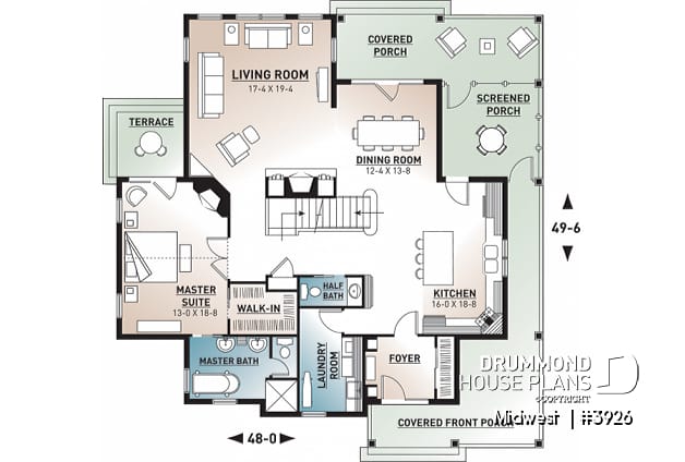 1st level - 4 bedroom Small Country Cottage Plan, 2 master suites one with private balcony 3 fireplaces 3 bathrooms - Midwest 