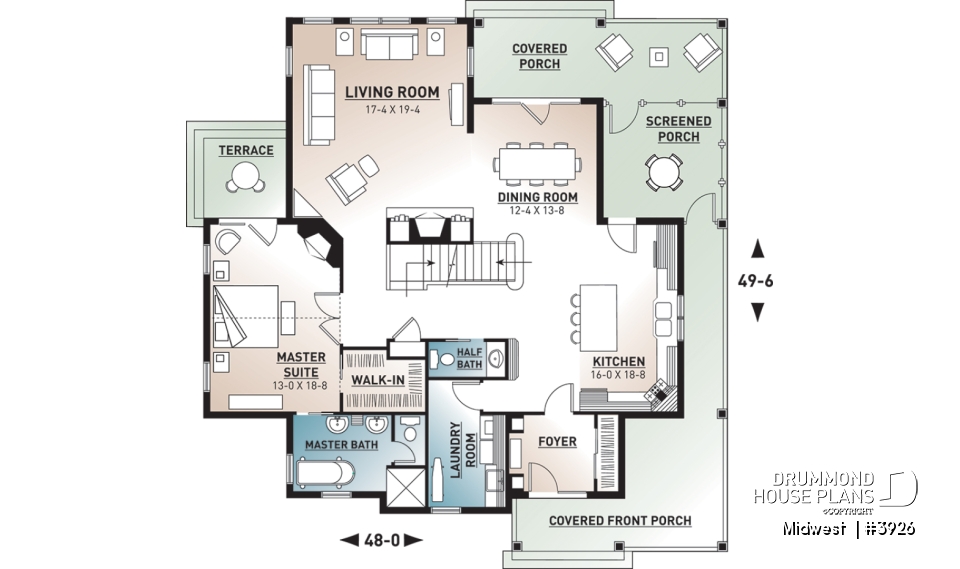 1st level - 4 bedroom Small Country Cottage Plan, 2 master suites one with private balcony 3 fireplaces 3 bathrooms - Midwest 