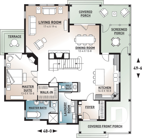 1st level - 4 bedroom Small Country Cottage Plan, 2 master suites one with private balcony 3 fireplaces 3 bathrooms - Midwest 