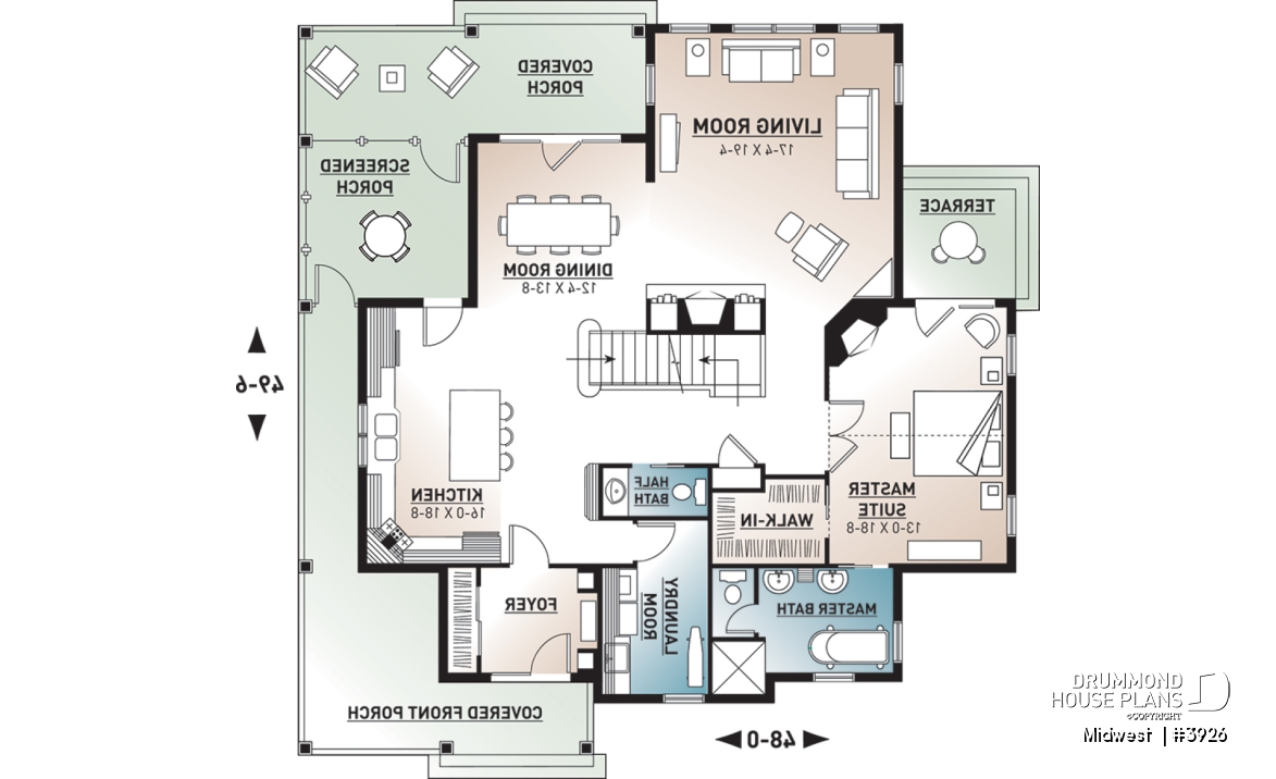 1st level - 4 bedroom Small Country Cottage Plan, 2 master suites one with private balcony 3 fireplaces 3 bathrooms - Midwest 