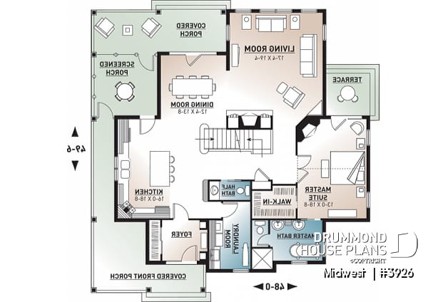1st level - 4 bedroom Small Country Cottage Plan, 2 master suites one with private balcony 3 fireplaces 3 bathrooms - Midwest 
