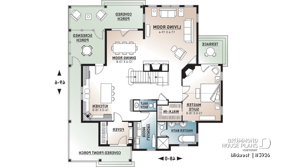 1st level - 4 bedroom Small Country Cottage Plan, 2 master suites one with private balcony 3 fireplaces 3 bathrooms - Midwest 