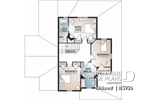 2nd level - 4 bedroom Small Country Cottage Plan, 2 master suites one with private balcony 3 fireplaces 3 bathrooms - Midwest 