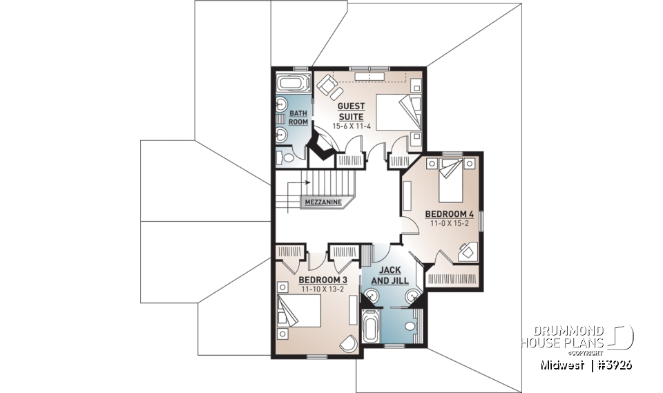 2nd level - 4 bedroom Small Country Cottage Plan, 2 master suites one with private balcony 3 fireplaces 3 bathrooms - Midwest 