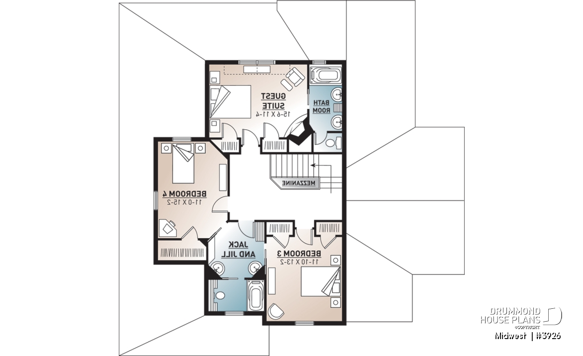 2nd level - 4 bedroom Small Country Cottage Plan, 2 master suites one with private balcony 3 fireplaces 3 bathrooms - Midwest 