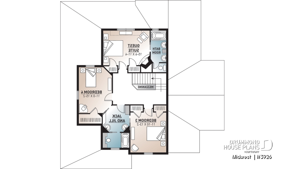 2nd level - 4 bedroom Small Country Cottage Plan, 2 master suites one with private balcony 3 fireplaces 3 bathrooms - Midwest 