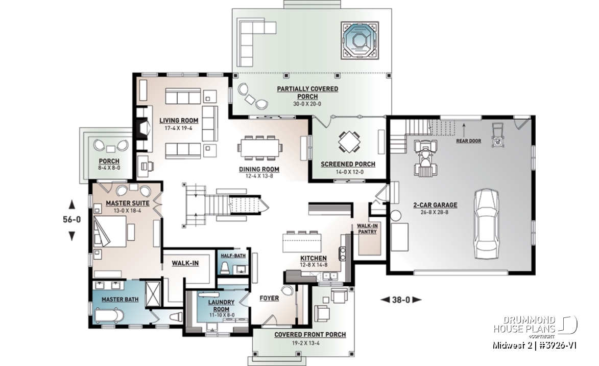 1st level - 4 Bedroom Farmhouse home plan, master suite, butler's pantry, ensuite, library/den and covered terrace - Midwest 2