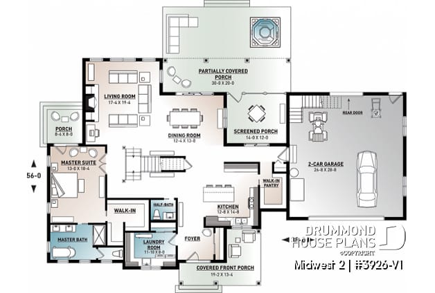 1st level - 4 Bedroom Farmhouse home plan, master suite, butler's pantry, ensuite, library/den and covered terrace - Midwest 2