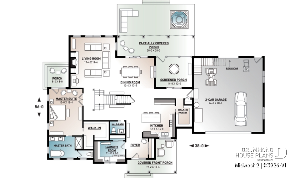 1st level - 4 Bedroom Farmhouse home plan, master suite, butler's pantry, ensuite, library/den and covered terrace - Midwest 2