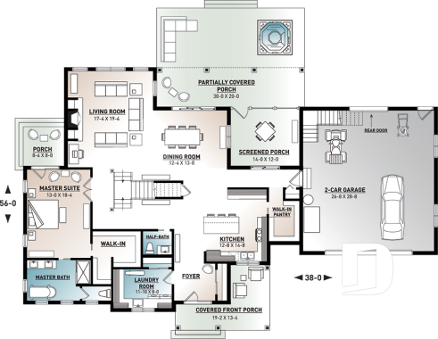 1st level - 4 Bedroom Farmhouse home plan, master suite, butler's pantry, ensuite, library/den and covered terrace - Midwest 2