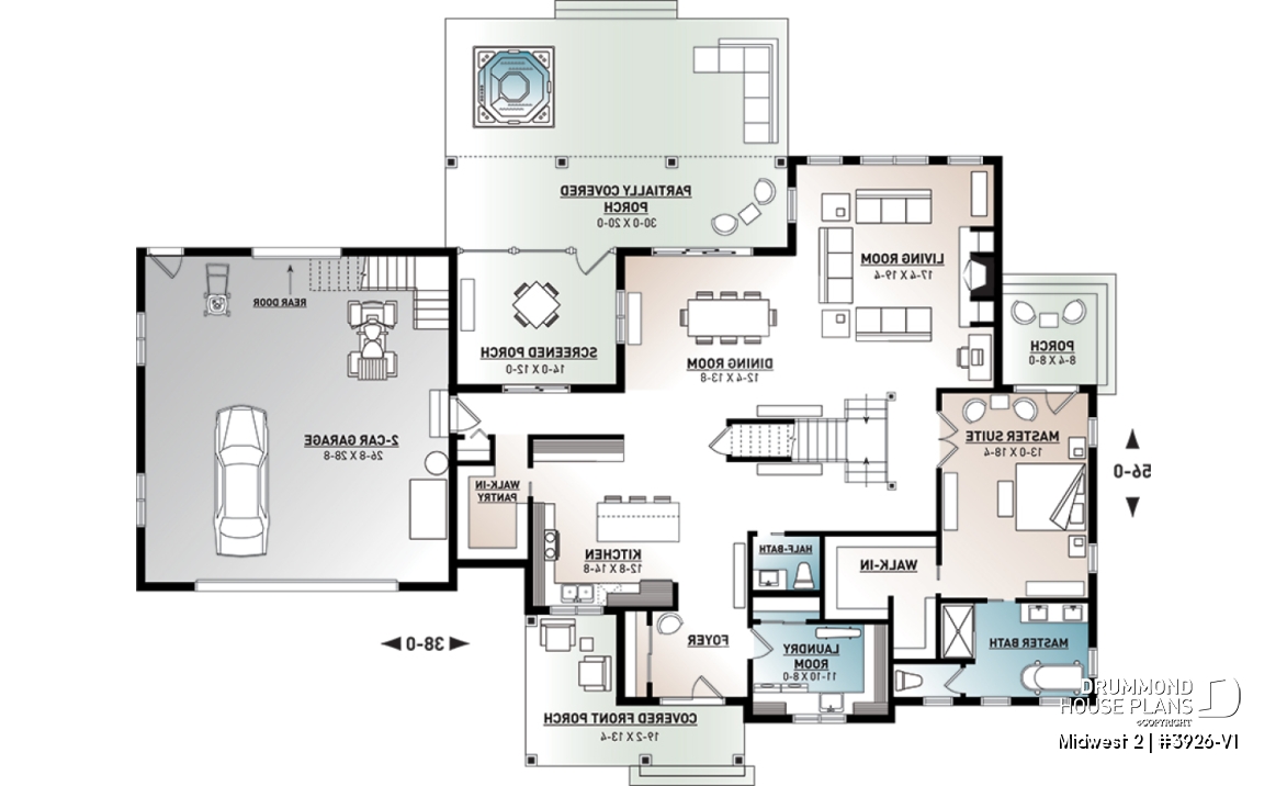 1st level - 4 Bedroom Farmhouse home plan, master suite, butler's pantry, ensuite, library/den and covered terrace - Midwest 2