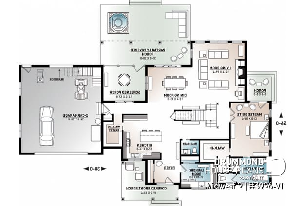 1st level - 4 Bedroom Farmhouse home plan, master suite, butler's pantry, ensuite, library/den and covered terrace - Midwest 2