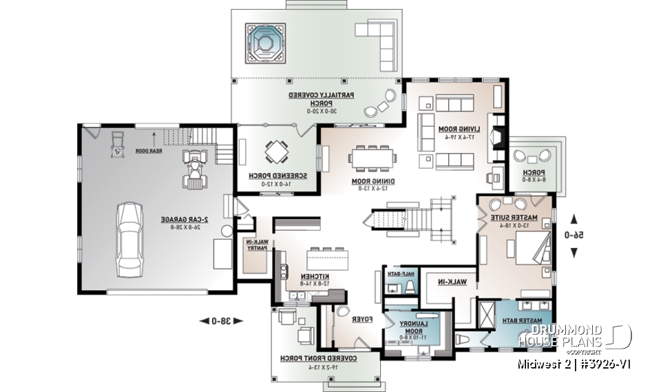 1st level - 4 Bedroom Farmhouse home plan, master suite, butler's pantry, ensuite, library/den and covered terrace - Midwest 2