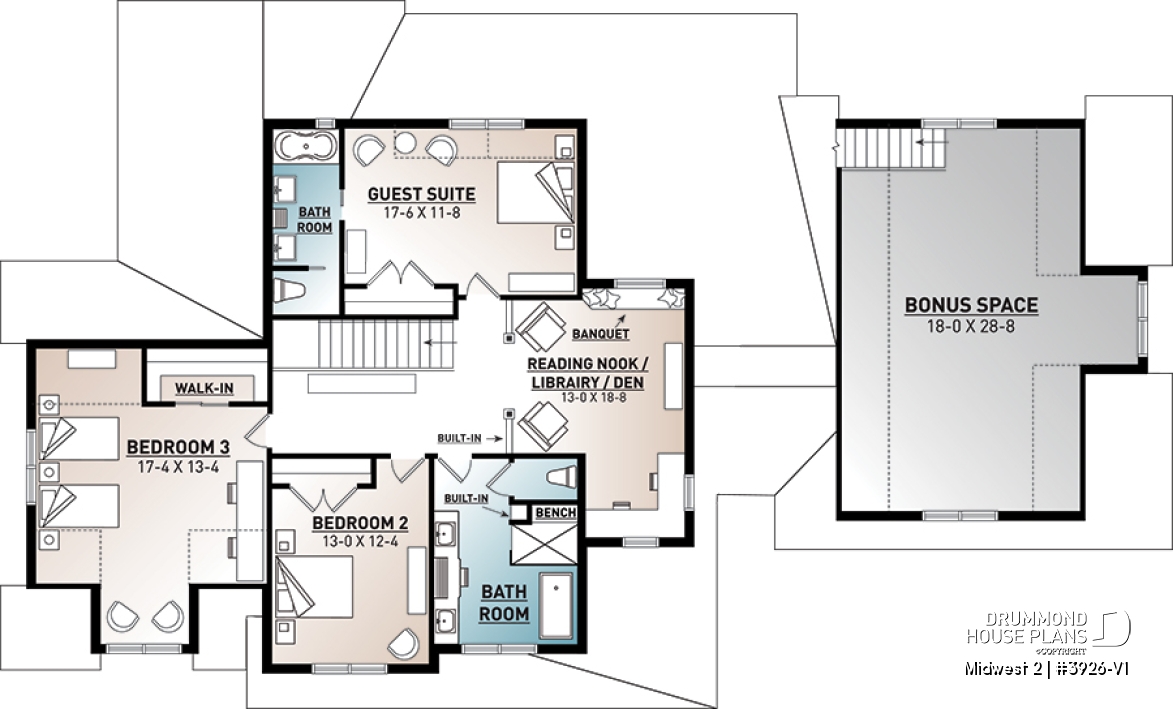 2nd level - 4 Bedroom Farmhouse home plan, master suite, butler's pantry, ensuite, library/den and covered terrace - Midwest 2