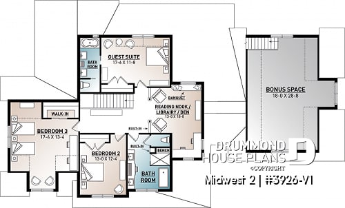 2nd level - 4 Bedroom Farmhouse home plan, master suite, butler's pantry, ensuite, library/den and covered terrace - Midwest 2