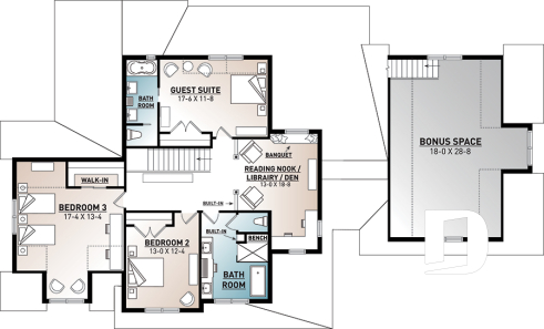 2nd level - 4 Bedroom Farmhouse home plan, master suite, butler's pantry, ensuite, library/den and covered terrace - Midwest 2
