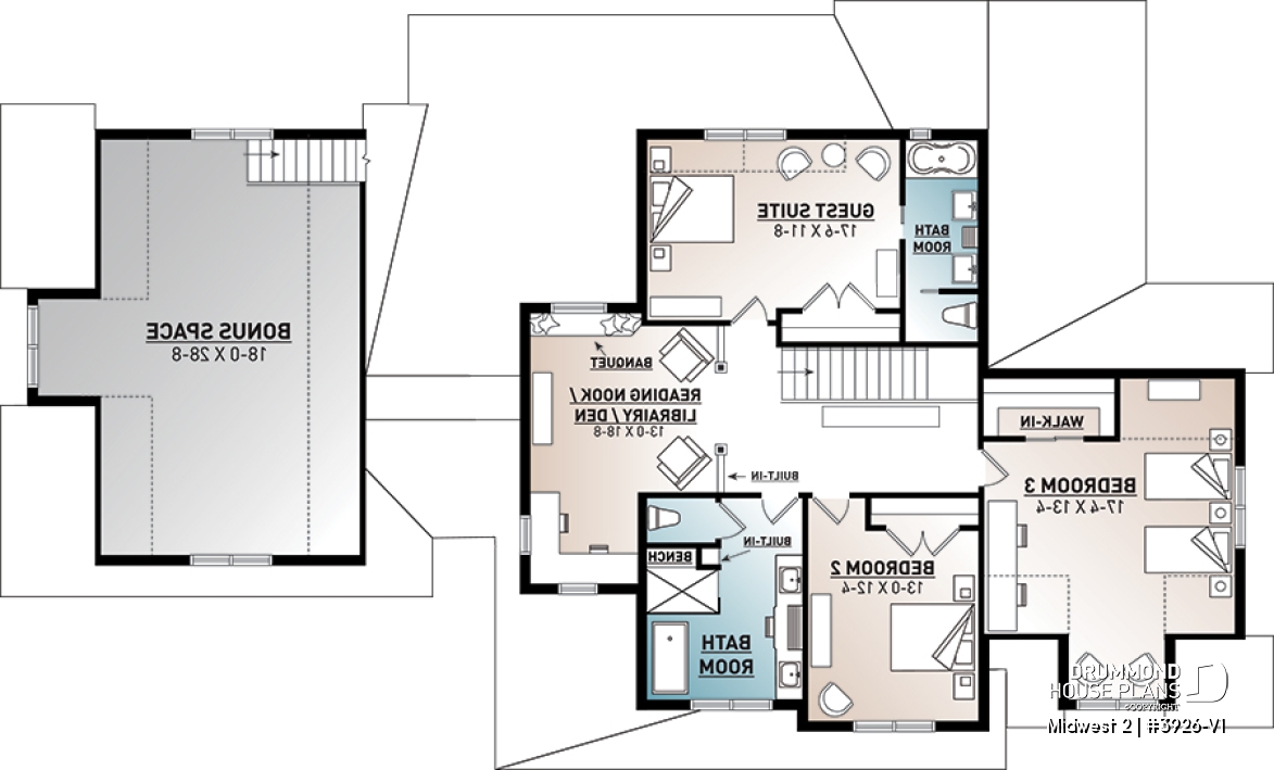2nd level - 4 Bedroom Farmhouse home plan, master suite, butler's pantry, ensuite, library/den and covered terrace - Midwest 2