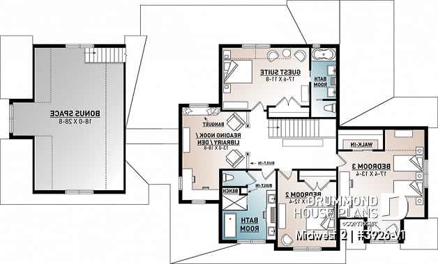 2nd level - 4 Bedroom Farmhouse home plan, master suite, butler's pantry, ensuite, library/den and covered terrace - Midwest 2