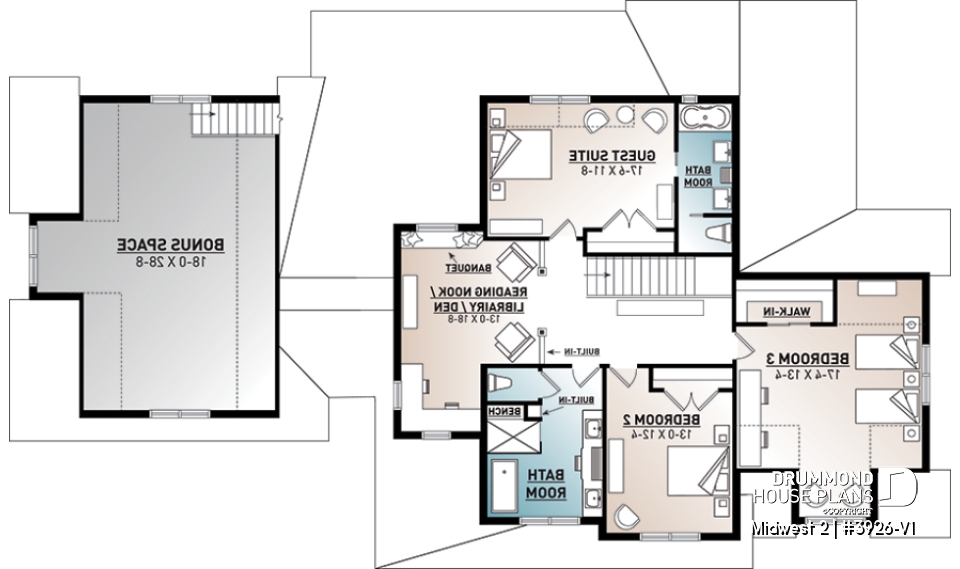 2nd level - 4 Bedroom Farmhouse home plan, master suite, butler's pantry, ensuite, library/den and covered terrace - Midwest 2