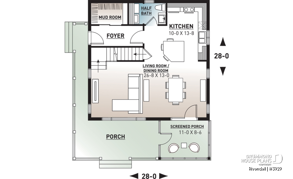 1st level - Small and affordable ski chalet or cabin house plan, 3 bedrooms, open floor plan, screened porch, mud room - Rivendell