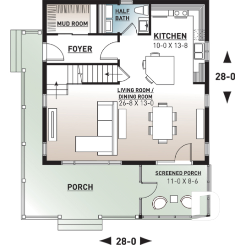 1st level - Small and affordable ski chalet or cabin house plan, 3 bedrooms, open floor plan, screened porch, mud room - Rivendell