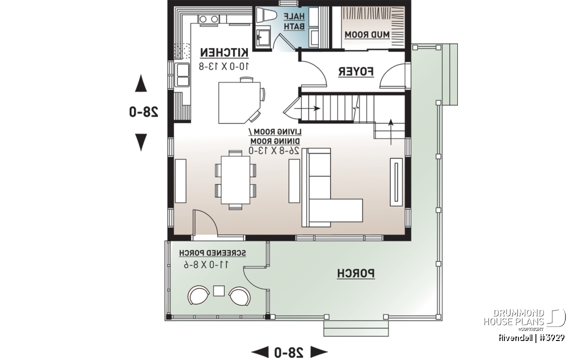1st level - Small and affordable ski chalet or cabin house plan, 3 bedrooms, open floor plan, screened porch, mud room - Rivendell