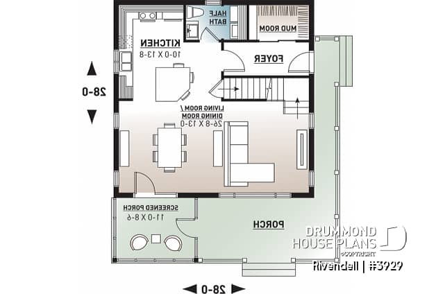 1st level - Small and affordable ski chalet or cabin house plan, 3 bedrooms, open floor plan, screened porch, mud room - Rivendell